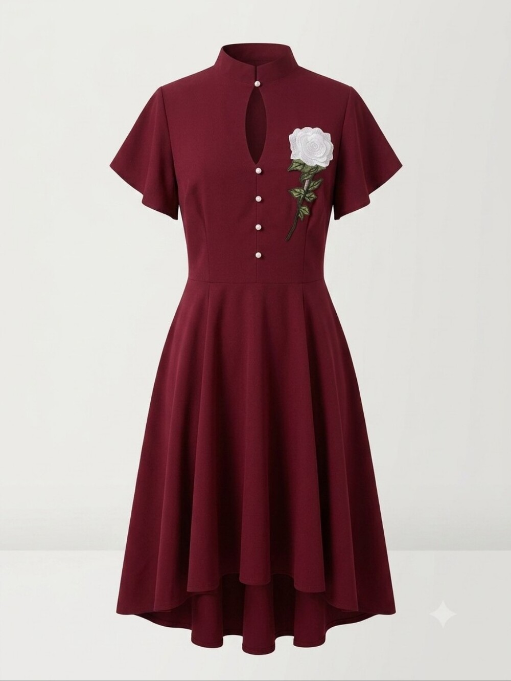 Unique Vintage Burgundy Fit-and-Flare Dress with White Rose Appliqué, Size Large